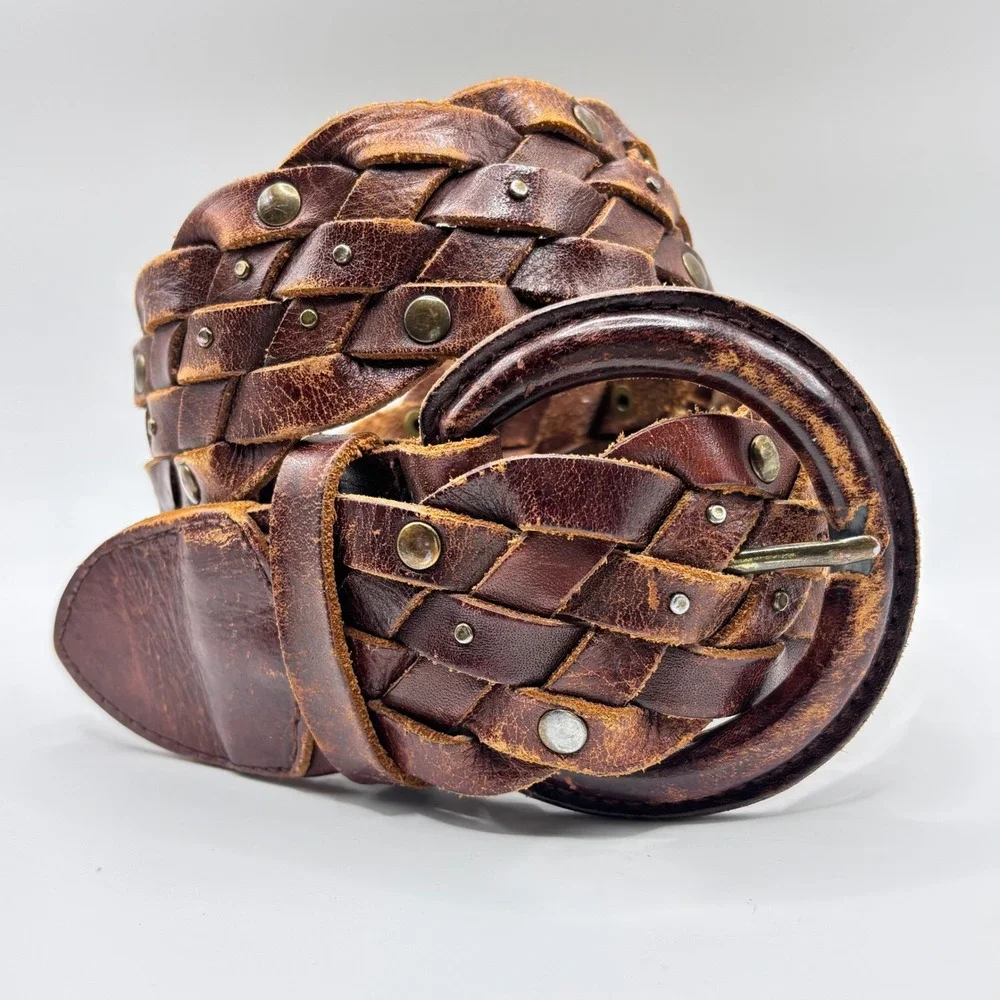 Vintage Wide Braided‎ Brown Leather Studded Belt Round Buckle Mahogany 1.75in OS